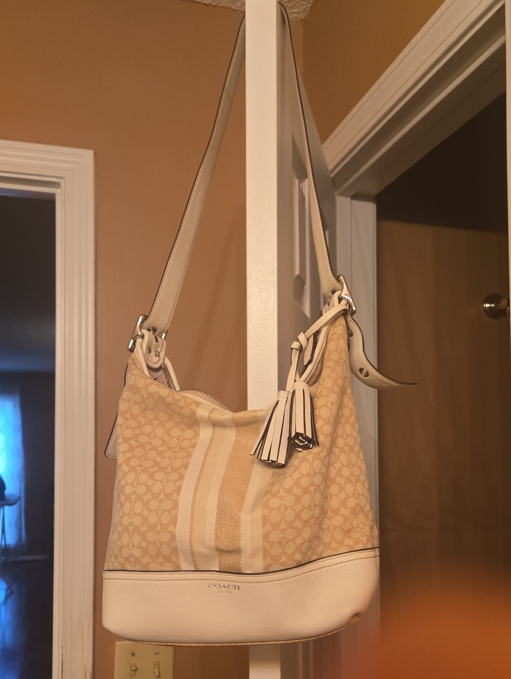 Coach Beige Signature Stripe Shoulder Bag